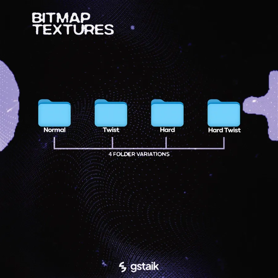 Bitmap textures pack folder variations: Normal, Twist, Hard and Hard Twist halftone textures