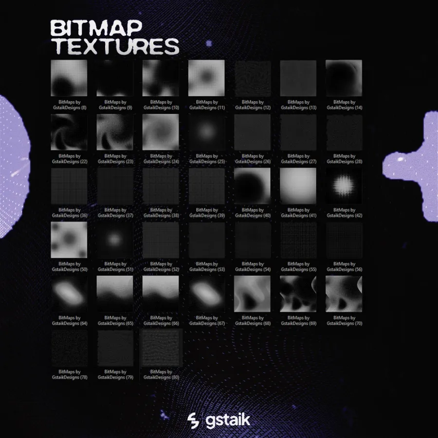 Preview grid of 80 bitmap halftone textures for graphic design, thumbnails and posters