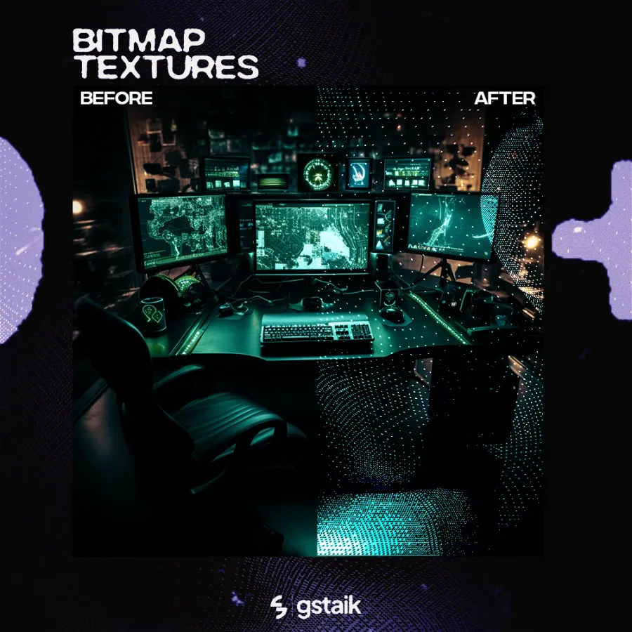 Before and after example of a bitmap halftone texture effect on a gaming setup photo