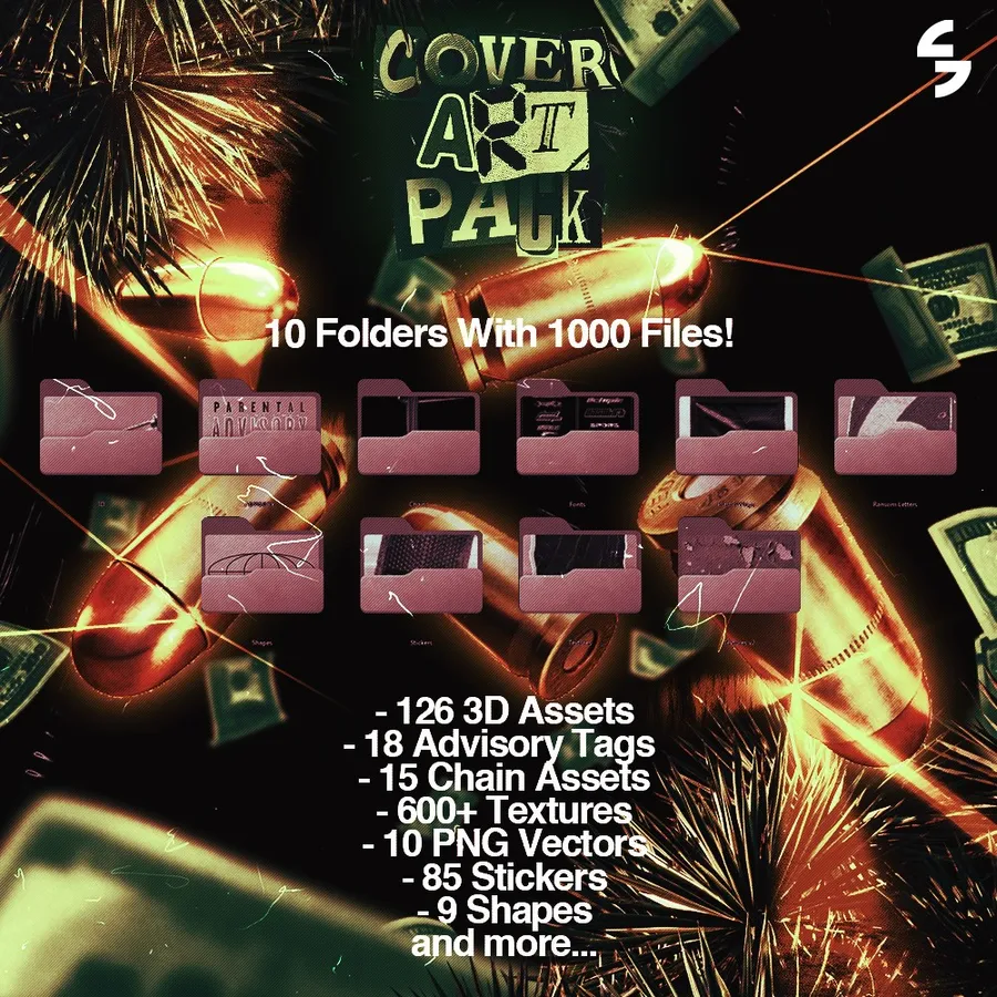 Cover Art Pack contents: 10 folders with 3D assets, advisory tags, chains, textures, PNG vectors, stickers and shapes