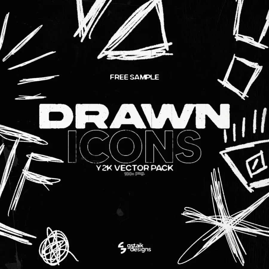 Drawn Icons Y2K vector pack by GstaikDesigns: 180+ hand drawn PNG doodle icons and scribble shapes, free sample