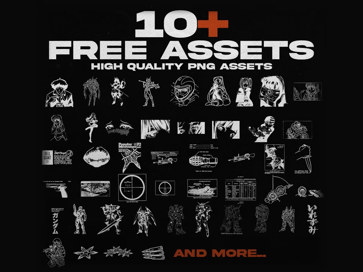10+ free high quality PNG assets by GstaikDesigns: anime line art, mecha, manga panels and vintage technical illustrations