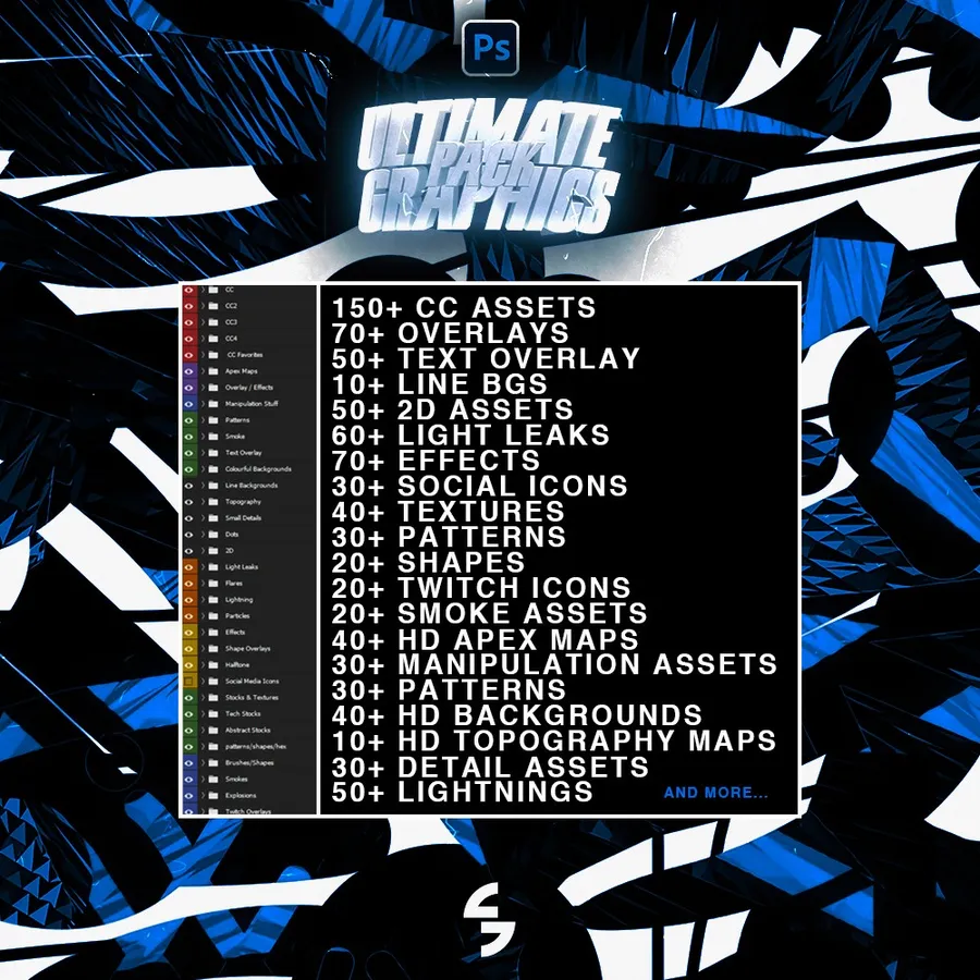 Ultimate Graphics Pack contents: CC assets, overlays, light leaks, effects, social icons, textures, smoke, lightning and HD backgrounds