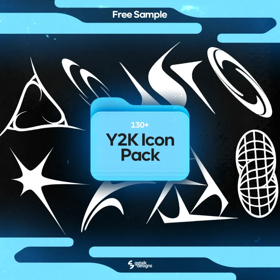 130+ Y2K icon pack by GstaikDesigns: chrome style Y2K shapes, stars and vector icons, free sample
