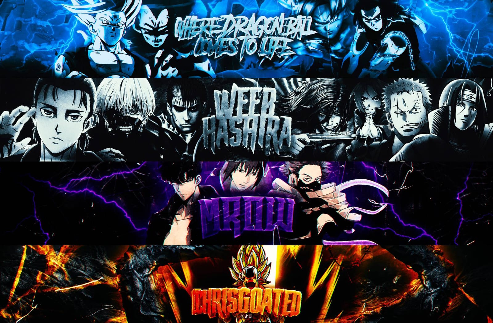 Custom anime YouTube banners and channel headers by GstaikDesigns: Dragon Ball, WEEB HASHIRA, MROW and CHRISGOATED, manga-style anime graphics for creators