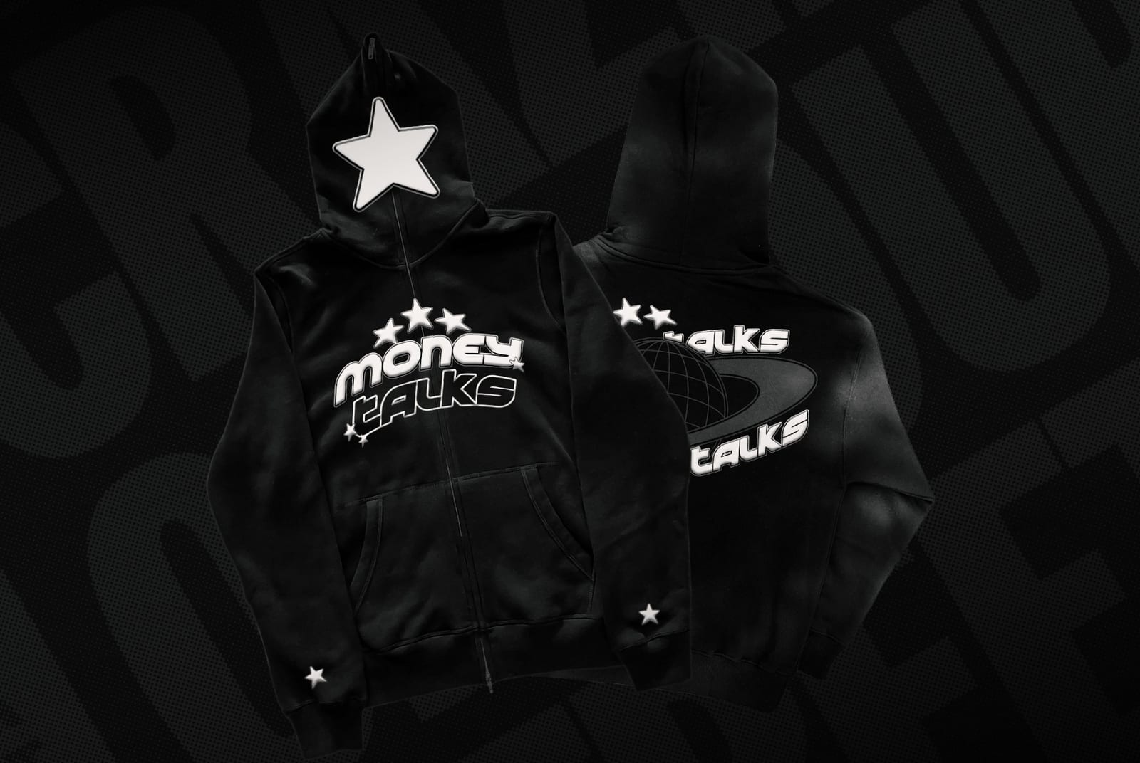 Custom streetwear clothing design by GstaikDesigns: Money Talks black zip hoodie with star graphics, front and back print, merch and apparel design