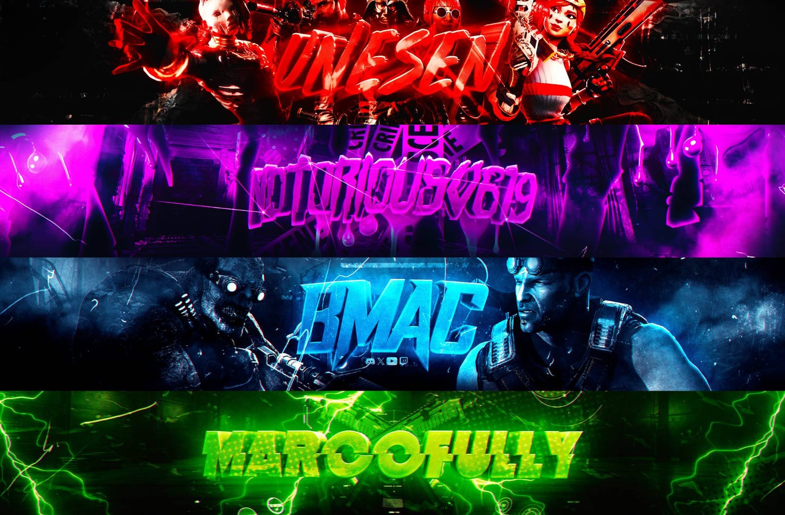 Custom gaming YouTube banners and channel headers by GstaikDesigns: UNESEN, NOTORIOUS0619, BMAC and MARCOFULLY, bold 3D text graphics for gaming creators