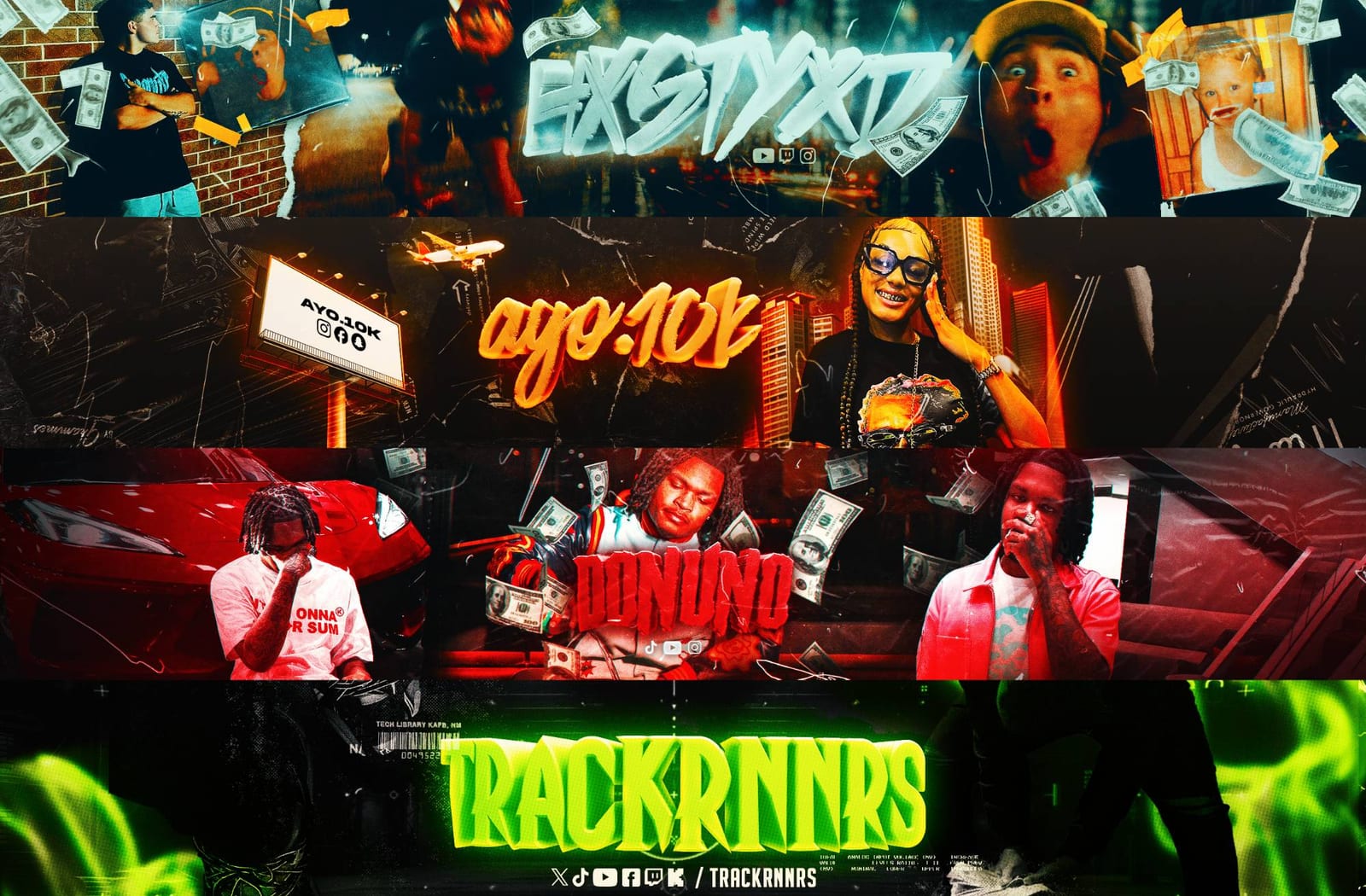 Custom Twitch and YouTube streaming banners and social media headers by GstaikDesigns: EXSTYXD, AYO.10K, DONUNO and TRACKRNNRS, personal brand graphics for streamers