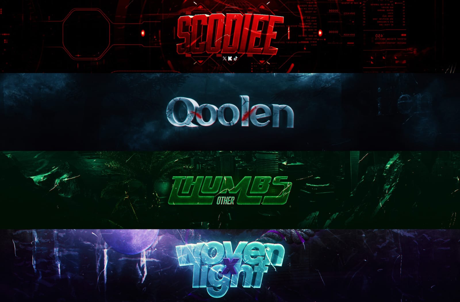 Custom YouTube channel art, banners and headers by GstaikDesigns: SCODIEE, Qoolen, THUMBS OTHER and woven x light, 3D logo text graphics for YouTubers
